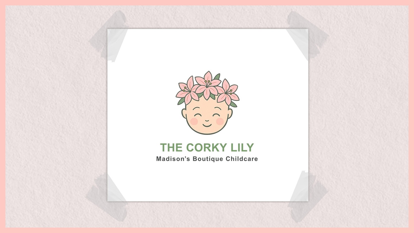 The Corky Lily logo with a smiling face topped by pink flowers and the words Madison’s Boutique Childcare.