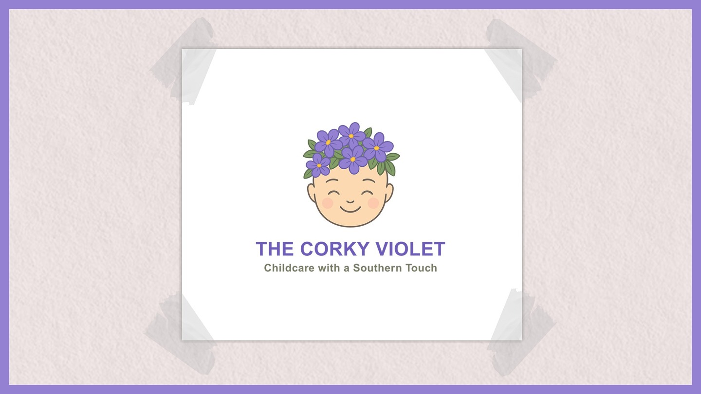 The Corky Violet logo with a smiling face crowned by purple flowers and the tagline Childcare with a Southern Touch.