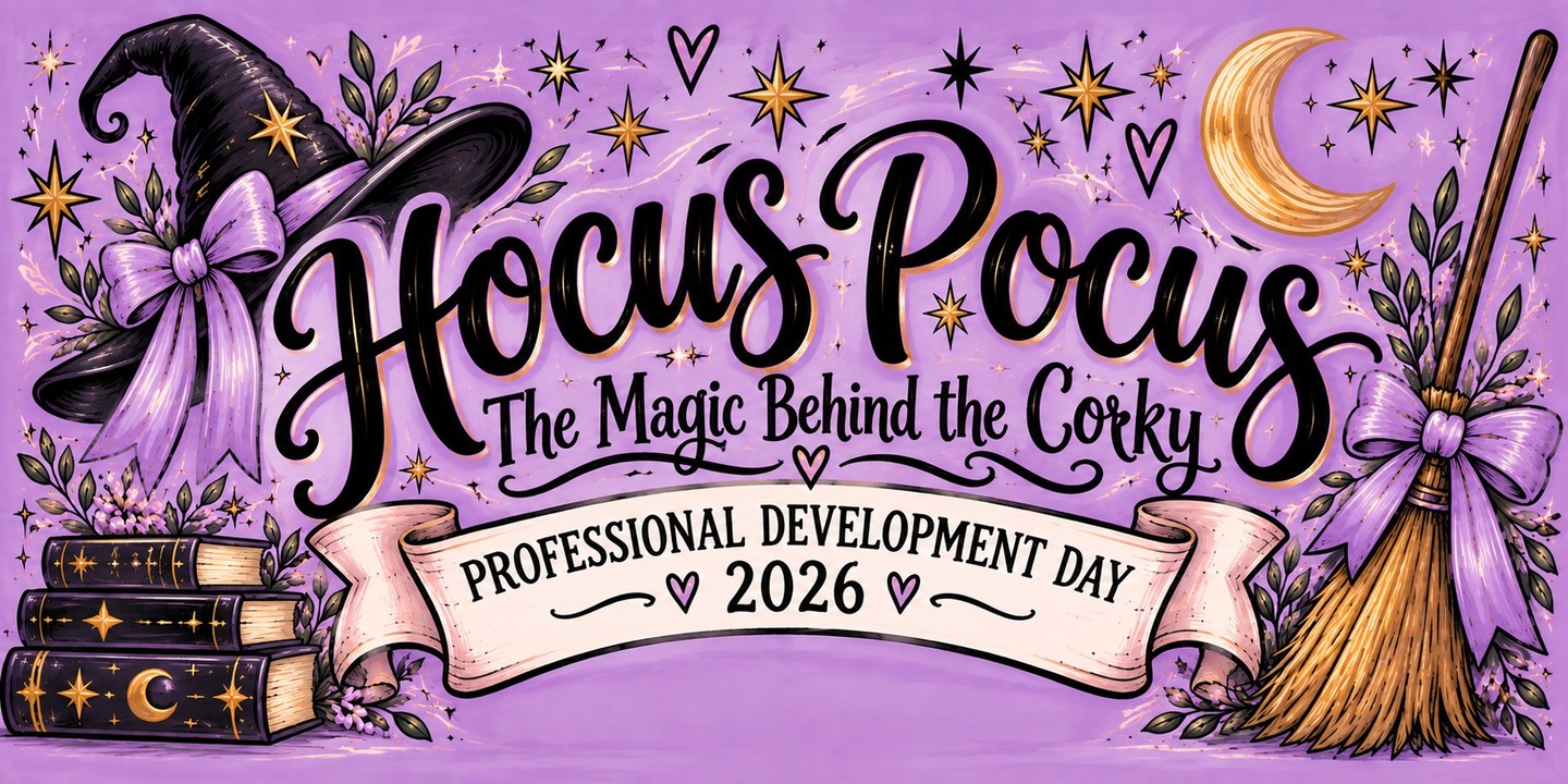 Purple Hocus Pocus graphic for Corky’s 2026 Professional Development Day, with a witch hat, broom, books, and stars.
